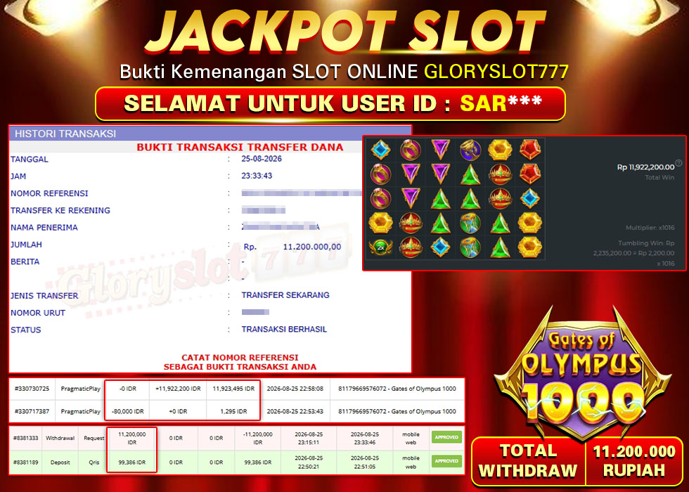 GLORYSLOT777 JACKPOT SLOT GATES OF OLYMPUS 1000 Rp 11.200.000,- LUNAS