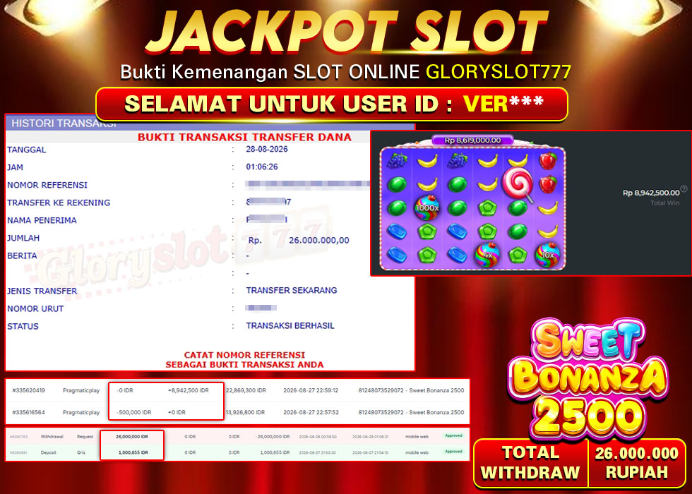 GLORYSLOT777 JACKPOT SLOT SWEET BONANZA 2500 Rp 26.000.000,- LUNAS